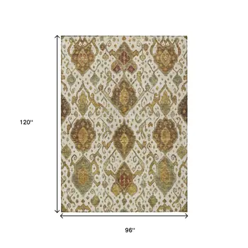 8' X 10' Ivory Brown And Gold Ikat Washable Indoor Outdoor Area Rug