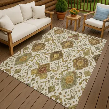 8' X 10' Ivory Brown And Gold Ikat Washable Indoor Outdoor Area Rug