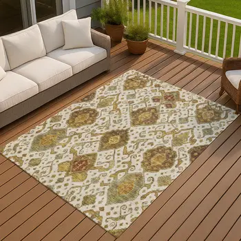 9' X 12' Ivory Brown And Gold Ikat Washable Indoor Outdoor Area Rug