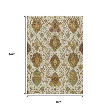 9' X 12' Ivory Brown And Gold Ikat Washable Indoor Outdoor Area Rug