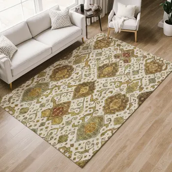 9' X 12' Ivory Brown And Gold Ikat Washable Indoor Outdoor Area Rug
