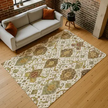 9' X 12' Ivory Brown And Gold Ikat Washable Indoor Outdoor Area Rug