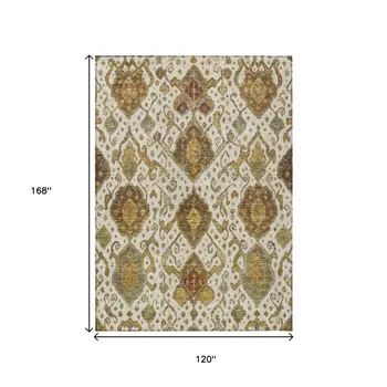 10' X 14' Ivory Brown And Gold Ikat Washable Indoor Outdoor Area Rug