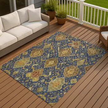 5' X 8' Navy Blue And Gold Ikat Washable Indoor Outdoor Area Rug