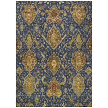5' X 8' Navy Blue And Gold Ikat Washable Indoor Outdoor Area Rug