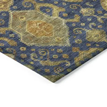 5' X 8' Navy Blue And Gold Ikat Washable Indoor Outdoor Area Rug