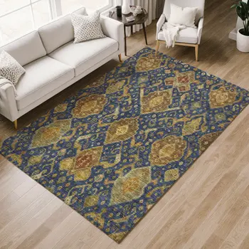 5' X 8' Navy Blue And Gold Ikat Washable Indoor Outdoor Area Rug
