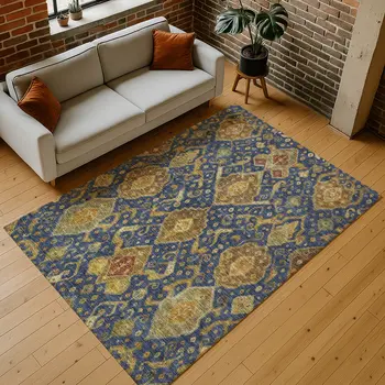5' X 8' Navy Blue And Gold Ikat Washable Indoor Outdoor Area Rug