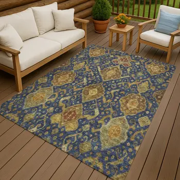 5' X 8' Navy Blue And Gold Ikat Washable Indoor Outdoor Area Rug