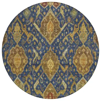 8' Navy Blue And Gold Round Ikat Washable Indoor Outdoor Area Rug