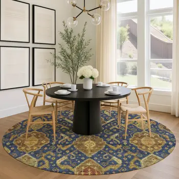 8' Navy Blue And Gold Round Ikat Washable Indoor Outdoor Area Rug