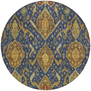 8' Navy Blue And Gold Round Ikat Washable Indoor Outdoor Area Rug