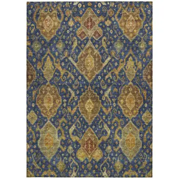 8' X 10' Navy Blue And Gold Ikat Washable Indoor Outdoor Area Rug