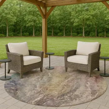 8' Beige And Gray Round Abstract Washable Indoor Outdoor Area Rug