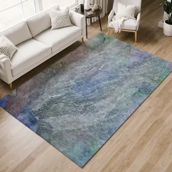 5' X 8' Blue Green And Purple Abstract Washable Indoor Outdoor Area Rug