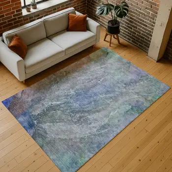5' X 8' Blue Green And Purple Abstract Washable Indoor Outdoor Area Rug