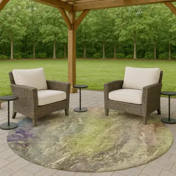 8' Green Pink And Gold Round Abstract Washable Indoor Outdoor Area Rug