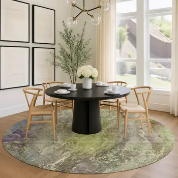 8' Green Pink And Gold Round Abstract Washable Indoor Outdoor Area Rug