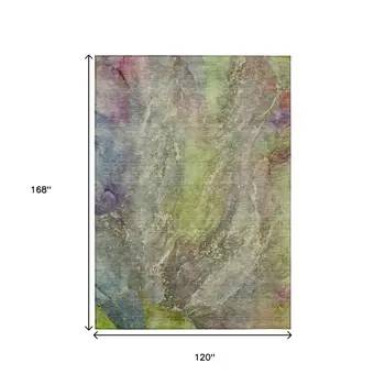 10' X 14' Green Pink And Gold Abstract Washable Indoor Outdoor Area Rug