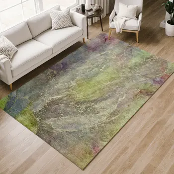 10' X 14' Green Pink And Gold Abstract Washable Indoor Outdoor Area Rug