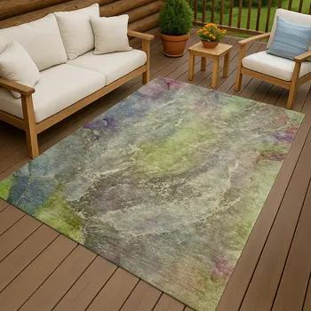 10' X 14' Green Pink And Gold Abstract Washable Indoor Outdoor Area Rug