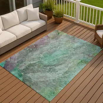 9' X 12' Teal Blue And Purple Abstract Washable Indoor Outdoor Area Rug