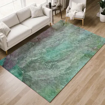 9' X 12' Teal Blue And Purple Abstract Washable Indoor Outdoor Area Rug