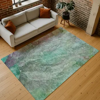 9' X 12' Teal Blue And Purple Abstract Washable Indoor Outdoor Area Rug