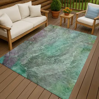9' X 12' Teal Blue And Purple Abstract Washable Indoor Outdoor Area Rug