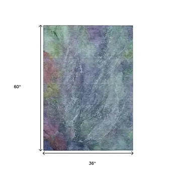 3' X 5' Blue Gray And Green Abstract Washable Indoor Outdoor Area Rug