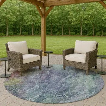 8' Blue Gray And Green Round Abstract Washable Indoor Outdoor Area Rug