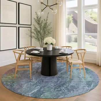 8' Blue Gray And Green Round Abstract Washable Indoor Outdoor Area Rug