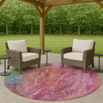 8' Blush Green And Purple Round Abstract Washable Indoor Outdoor Area Rug