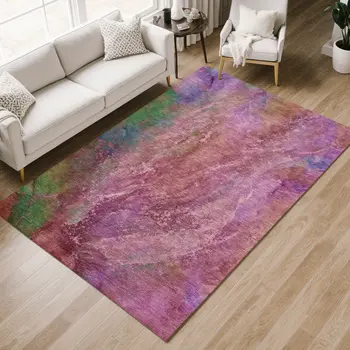 10' X 14' Blush Green And Purple Abstract Washable Indoor Outdoor Area Rug