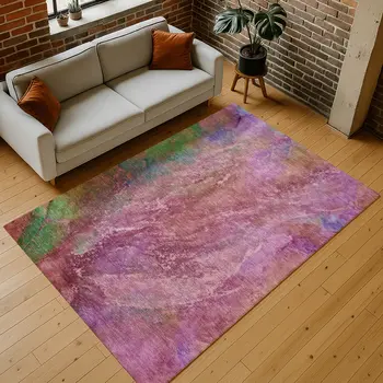 10' X 14' Blush Green And Purple Abstract Washable Indoor Outdoor Area Rug