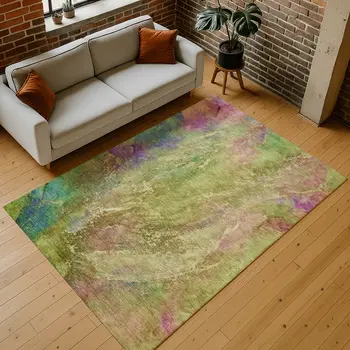 5' X 8' Green Pink And Blue Abstract Washable Indoor Outdoor Area Rug