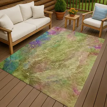 5' X 8' Green Pink And Blue Abstract Washable Indoor Outdoor Area Rug