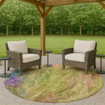 8' Green Pink And Blue Round Abstract Washable Indoor Outdoor Area Rug