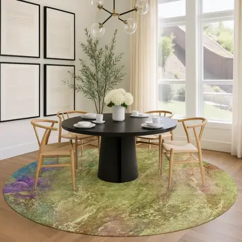 8' Green Pink And Blue Round Abstract Washable Indoor Outdoor Area Rug