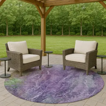 8' Purple And Green Round Abstract Washable Indoor Outdoor Area Rug
