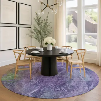 8' Purple And Green Round Abstract Washable Indoor Outdoor Area Rug