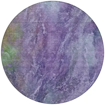 8' Purple And Green Round Abstract Washable Indoor Outdoor Area Rug