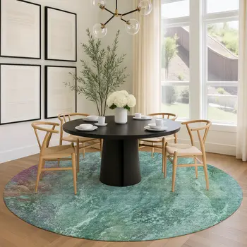 8' Teal Blue Green And Purple Round Abstract Washable Indoor Outdoor Area Rug