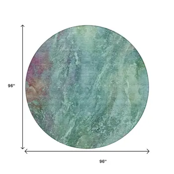 8' Teal Blue Green And Purple Round Abstract Washable Indoor Outdoor Area Rug