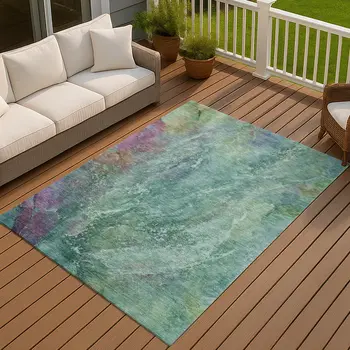 8' X 10' Teal Blue Green And Purple Abstract Washable Indoor Outdoor Area Rug