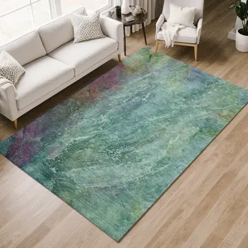 8' X 10' Teal Blue Green And Purple Abstract Washable Indoor Outdoor Area Rug