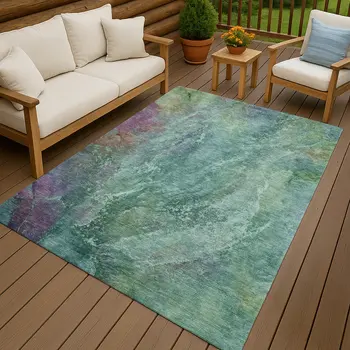 8' X 10' Teal Blue Green And Purple Abstract Washable Indoor Outdoor Area Rug