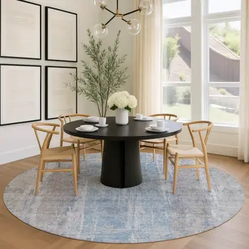 8' Beige And Blue Round Abstract Washable Indoor Outdoor Area Rug