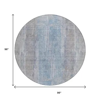 8' Beige And Blue Round Abstract Washable Indoor Outdoor Area Rug