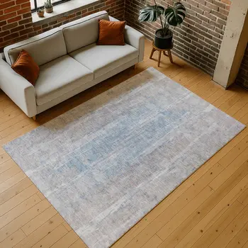 10' X 14' Beige And Blue Abstract Washable Indoor Outdoor Area Rug